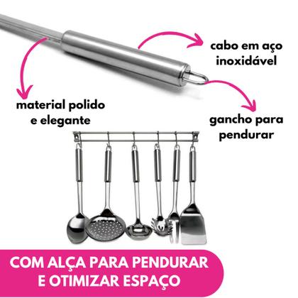 Imagem de Kit 06 Utensílio Cozinha Inox Concha Colher Arroz Garfo Trinchante Escumadeira Pegador Batedor