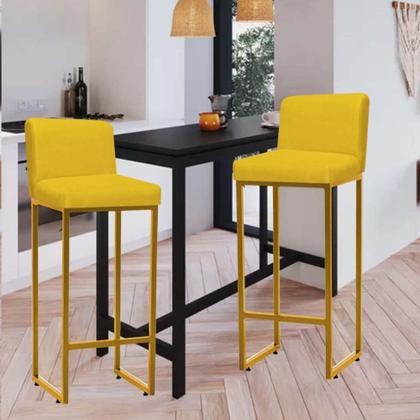 Imagem de Kit 07 Banqueta Alta Com Encosto Lucca -60cm chão até o assento Industrial Ferro Dourado Sintético Amarelo - Ahz Móveis