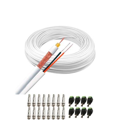 Imagem de Kit 1 Cabo Coaxial Branco Flexível 80% Malha Bobina de 100m + Conectores para 8 Câmeras