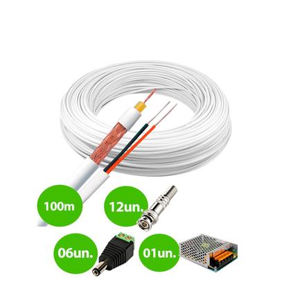 Imagem de Kit 1 Cabo Coaxial Branco Flexível 80% Malha Bobina de 100m + Fonte Chaveada 12V 10A Tipo Colméia e Conectores para 6 Câmeras