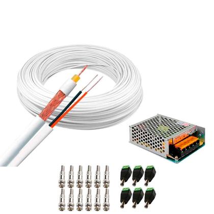 Imagem de Kit 1 Cabo Coaxial Branco Flexível 80% Malha Bobina de 100m + Fonte Chaveada 12V 10A Tipo Colméia e Conectores para 6 Câmeras