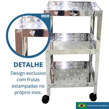 Imagem de Kit 1 Carrinho  / Fruteira / Aparador Inox + 1 Fruteira Inox 3 Andares + 1 Espatula Inox - Mbm Decor