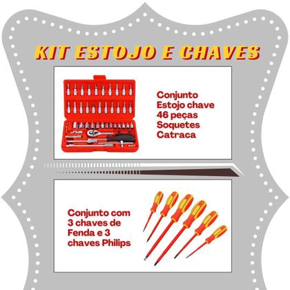 Imagem de Kit 1 Estojo 46 Peças Soquete Bits Catraca 6 Chaves Isoladas 1000v Philips Fenda