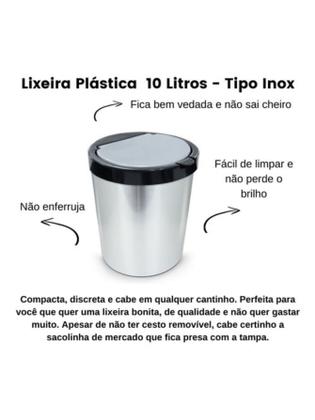 Imagem de Kit 1 Lixeira C/ Tampa Click Cesto 9 Litros + 1 Lixeira 10 Litros Tipo Inox Prata Cozinha Banheiro Quarto Escritório