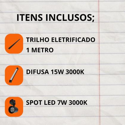 Imagem de Kit 1 Luminária Difusa 15w + 4 Spots 7w Led + Trilho 1m Cor Preto Bivolt 3000K