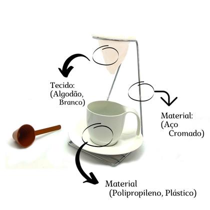 Imagem de Kit 1 Mini Suporte Coador de Café em Aço Cromado com Coador e 1 Xícara com Pires 90ml de Plástico Líder