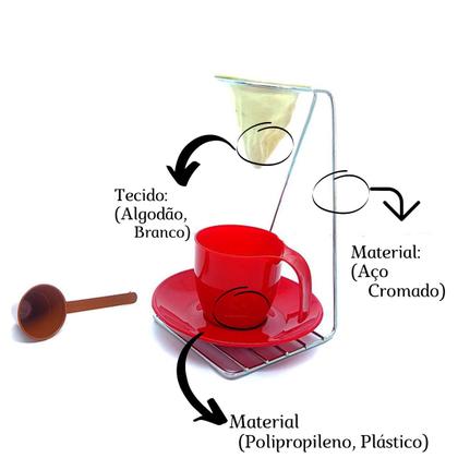 Imagem de Kit 1 Mini Suporte Coador de Café em Aço Cromado com Coador e 1 Xícara com Pires 90ml de Plástico Líder