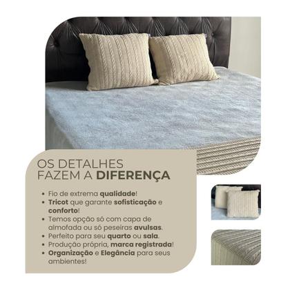 Imagem de Kit 1 Peseira Super Luxo Para Cama Queen, Poltrona e Sofá 230cm x 60cm com 2 Capas de Almofada em Tricot  Modelo Premium Costura Mágica.