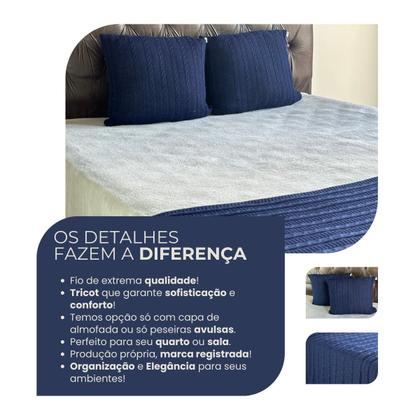 Imagem de Kit 1 Peseira Super Luxo Para Cama Queen, Poltrona e Sofá 230cm x 60cm com 2 Capas de Almofada em Tricot  Modelo Premium Costura Mágica.