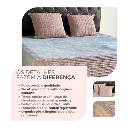 Imagem de Kit 1 Peseira Super Luxo Para Cama Queen, Poltrona e Sofá 230cm x 60cm com 2 Capas de Almofada em Tricot  Modelo Premium Costura Mágica.