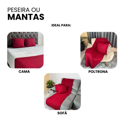 Imagem de Kit 1 Peseira Super Luxo Para Cama Queen, Poltrona e Sofá 230cm x 60cm com 2 Capas de Almofada em Tricot  Modelo Premium Costura Mágica.
