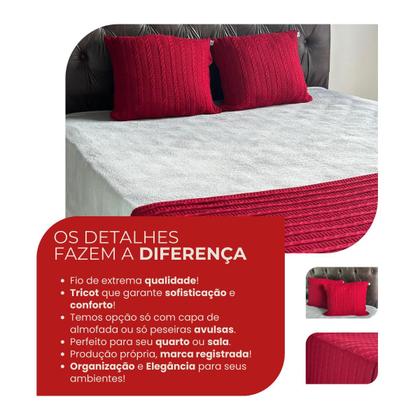 Imagem de Kit 1 Peseira Super Luxo Para Cama Queen, Poltrona e Sofá 230cm x 60cm com 2 Capas de Almofada em Tricot  Modelo Premium Costura Mágica.
