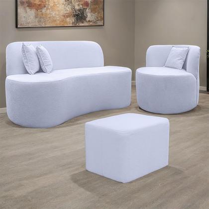 Imagem de Kit 1 Poltrona Com Sofá Curvo 2 Lugares Feijão mais Puff Retangular Bouclé Maranata