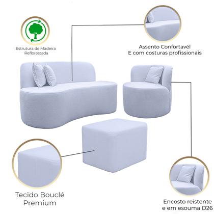 Imagem de Kit 1 Poltrona Com Sofá Curvo 2 Lugares Feijão mais Puff Retangular Bouclé Maranata