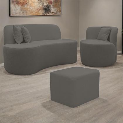 Imagem de Kit 1 Poltrona Com Sofá Curvo 2 Lugares Feijão mais Puff Retangular Bouclé Maranata