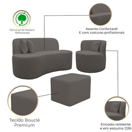 Imagem de Kit 1 Poltrona Com Sofá Curvo 2 Lugares Feijão mais Puff Retangular Bouclé Maranata