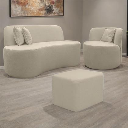 Imagem de Kit 1 Poltrona Com Sofá Curvo 2 Lugares Feijão mais Puff Retangular Bouclé Maranata