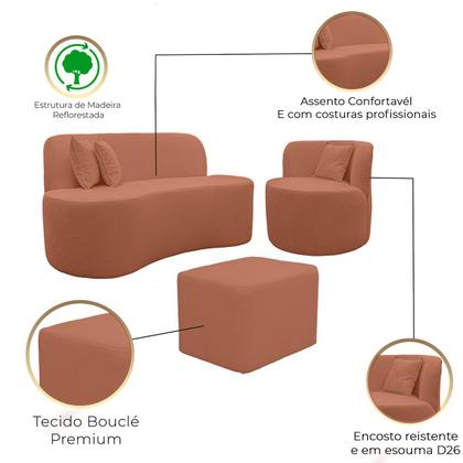 Imagem de Kit 1 Poltrona Com Sofá Curvo 2 Lugares Feijão mais Puff Retangular Bouclé Maranata