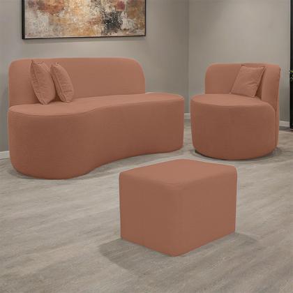 Imagem de Kit 1 Poltrona Com Sofá Curvo 2 Lugares Feijão mais Puff Retangular Bouclé Maranata