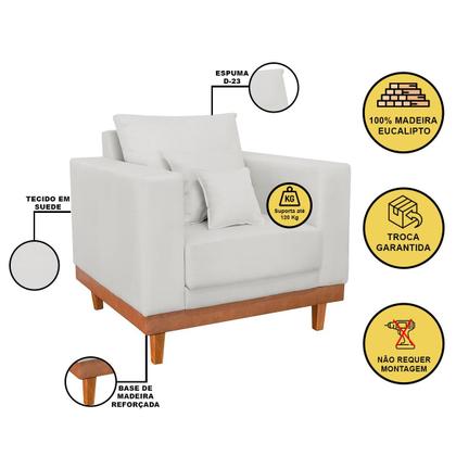 Imagem de Kit 1 Poltrona Living + Sofá 3 Lugares Madeira Tecido Linho