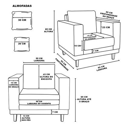 Imagem de Kit 1 Poltrona Living + Sofá 3 Lugares Madeira Tecido Linho