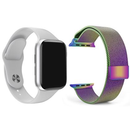 Imagem de Kit 1 Relógio Inteligente SmartWatch W34 S Branco Android iOS + 1 Pulseira Extra Milanese Arco Íris