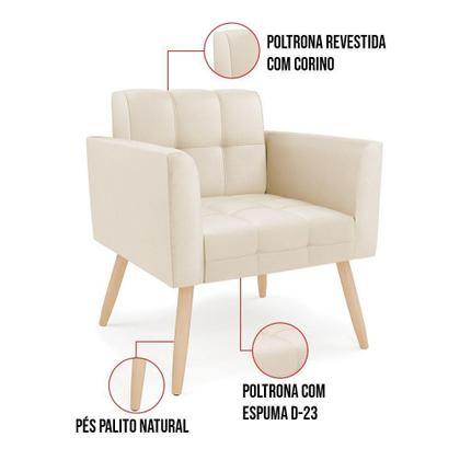 Imagem de Kit 1 Sofá Namoradeira E 1 Poltrona Elisa material sintético Bege Pés Palito Natural - D'rossi