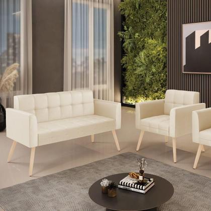 Imagem de Kit 1 Sofá Namoradeira E 1 Poltrona Elisa material sintético Bege Pés Palito Natural - D'rossi