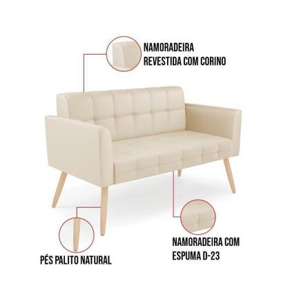 Imagem de Kit 1 Sofá Namoradeira E 1 Poltrona Elisa material sintético Bege Pés Palito Natural - D'rossi
