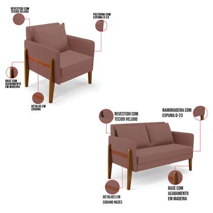 Imagem de Kit 1 Sofá Namoradeira e 1 Poltrona Lana Veludo Base de Madeira - D'Rossi