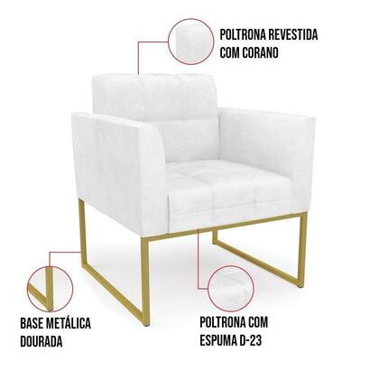 Imagem de Kit 1 Sofá Namoradeira E 2 Poltronas Elisa Corano Base Metálica Industrial Dourado - D'rossi Cor Branco