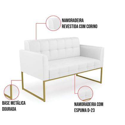 Imagem de Kit 1 Sofá Namoradeira e 2 Poltronas Elisa material sintético Base Metálica Industrial Dourado - D'Rossi