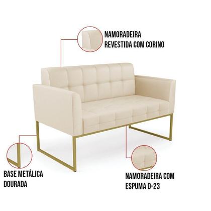 Imagem de Kit 1 Sofá Namoradeira E 2 Poltronas Elisa material sintético Bege Base Metálica Industrial Dourado - D'rossi