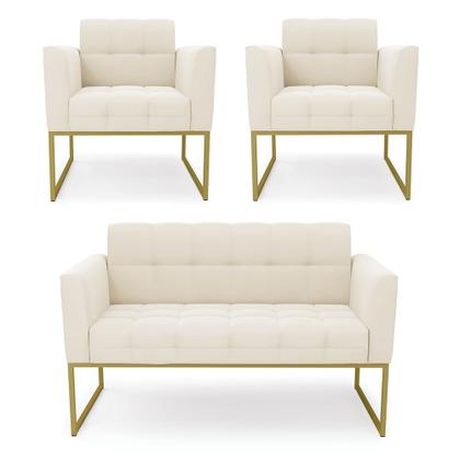 Imagem de Kit 1 Sofá Namoradeira e 2 Poltronas Elisa Veludo Bege Base Metálica Industrial Dourado D03 - D'Rossi