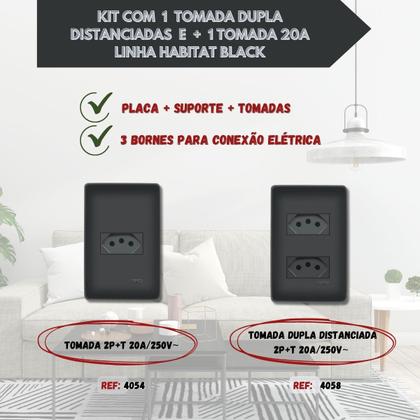 Imagem de Kit 1 Tomada Simples 20a + 1 Tomada Dupla 20a Preta - Fame