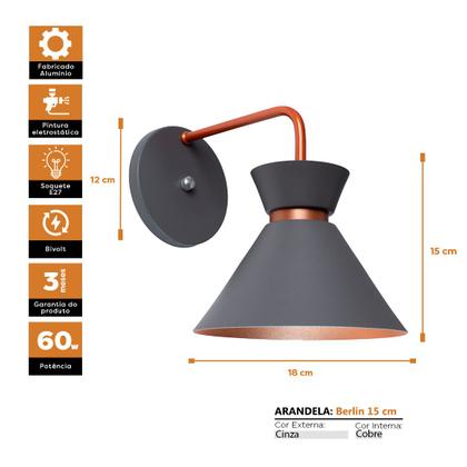 Imagem de Kit 10 Arandela Parede Berlin 15cm Cinza C/ Cobre