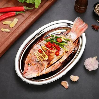 Imagem de Kit 10 Bandeja Travessa Oval Rasa Inox Peixe Fritas 39cm