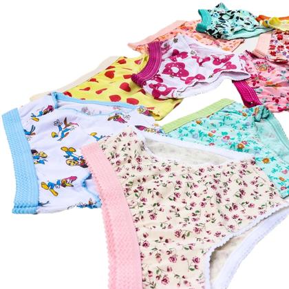 Imagem de Kit 10 Calcinha Infantil Menina 100% Algodão Com Cós Estampada