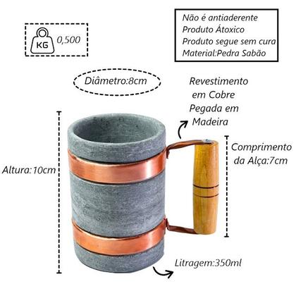 Imagem de Kit 10 Canecas Alça de Cobre Pedra Sabão Chopp Cerveja 350ml