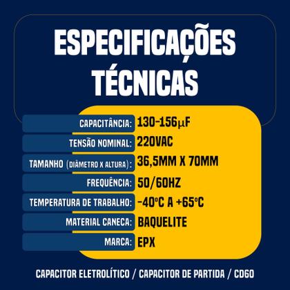 Imagem de Kit 10 Capacitor Eletrolitico De Partida 130-156uF 220Vac EPX