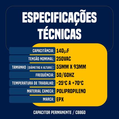 Imagem de Kit 10 Capacitor Permanente 140uF 250Vac EPX com Fio