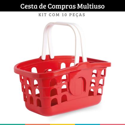 Imagem de Kit 10 Cestas de Compras Cestinha Mercado Multiuso Vermelha