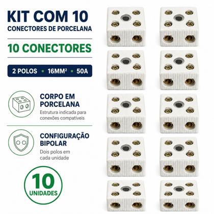 Imagem de Kit 10 Conector de Porcelana 2 Polos 16mm 50A 600v Borne Bipolar para Fios e Cabos