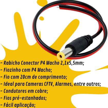 Imagem de Kit 10 Conector Plug P4 Rabicho Fêmea E 10 P4 Rabicho Macho Alarmes Cftv Positivo Negativo