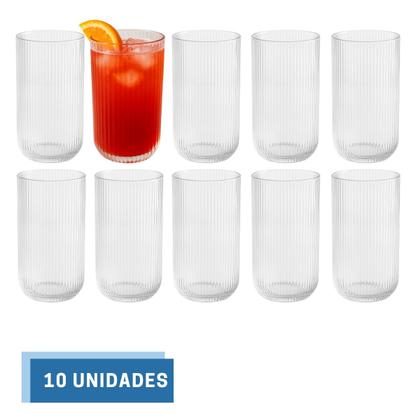 Imagem de Kit 10 Copos De Vidro Transparente 450Ml Canelado Sucos Bebida