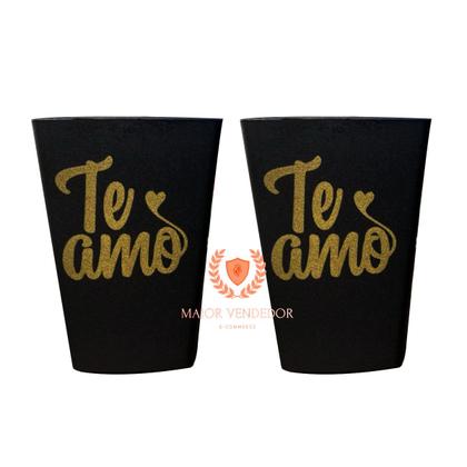 Imagem de Kit 10 Copos Quadrado Plástico Pretos Te Amo 300ml Namorados