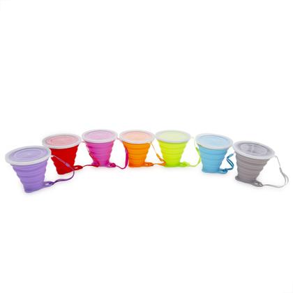 Imagem de Kit 10 Copos Silicone Dobrável Retrátil Tampa Borda Inox 270ml