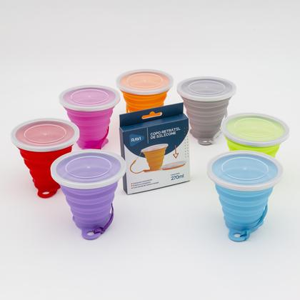 Imagem de Kit 10 Copos Silicone Dobrável Retrátil Tampa Borda Inox 270ml
