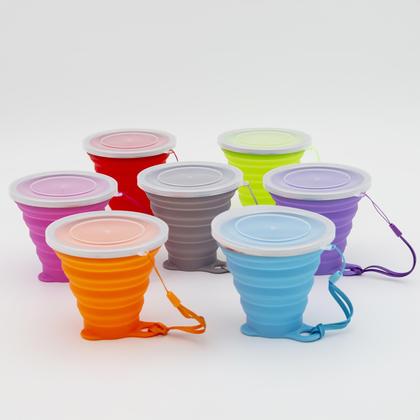 Imagem de Kit 10 Copos Silicone Dobrável Retrátil Tampa Borda Inox 270ml