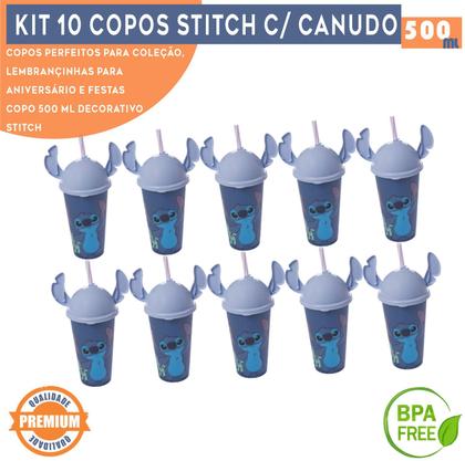Imagem de Kit 10 Copos Stitch e Angel 500ml Com Tampa Ludica Canudo Orelhinha para Refri Bpa Free Disney Lembrancinha Festa